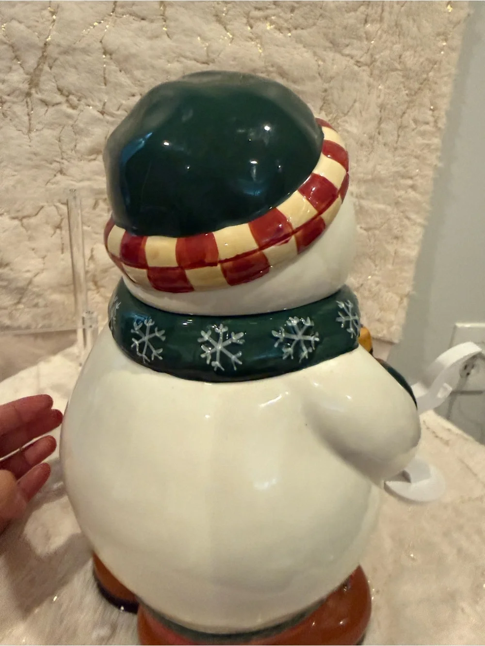 Holiday Snowman Ceramic Figurine with Green Scarf and Red Mittens